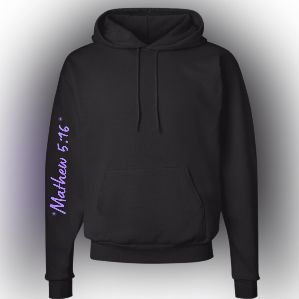 Made to Worship Black Softsyle Hoodie with Mathew 5:16 on sleeve in Purple Text